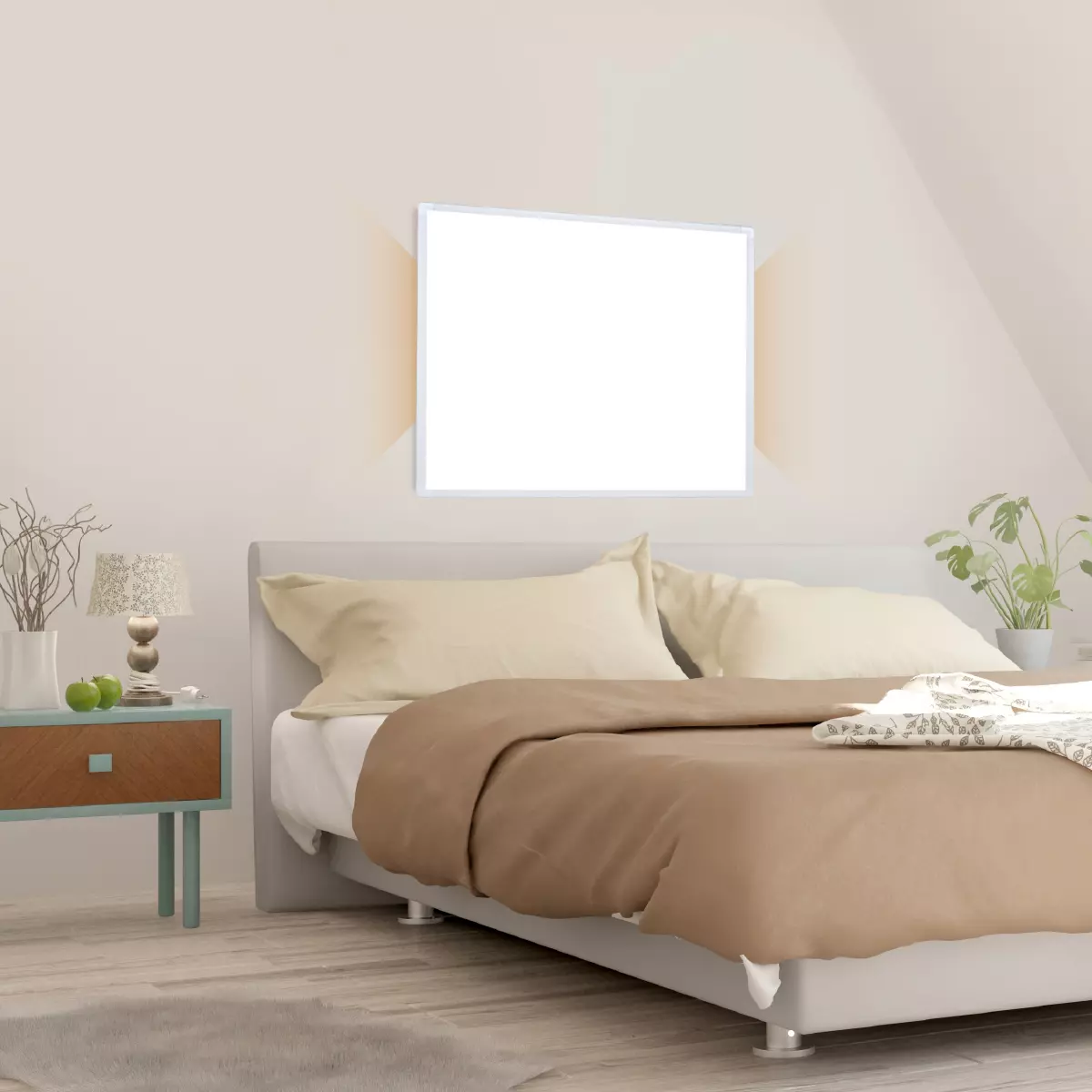 Weißer Infrarotheizkörper versorgt Schlafzimmer mit angenehmer Wärme